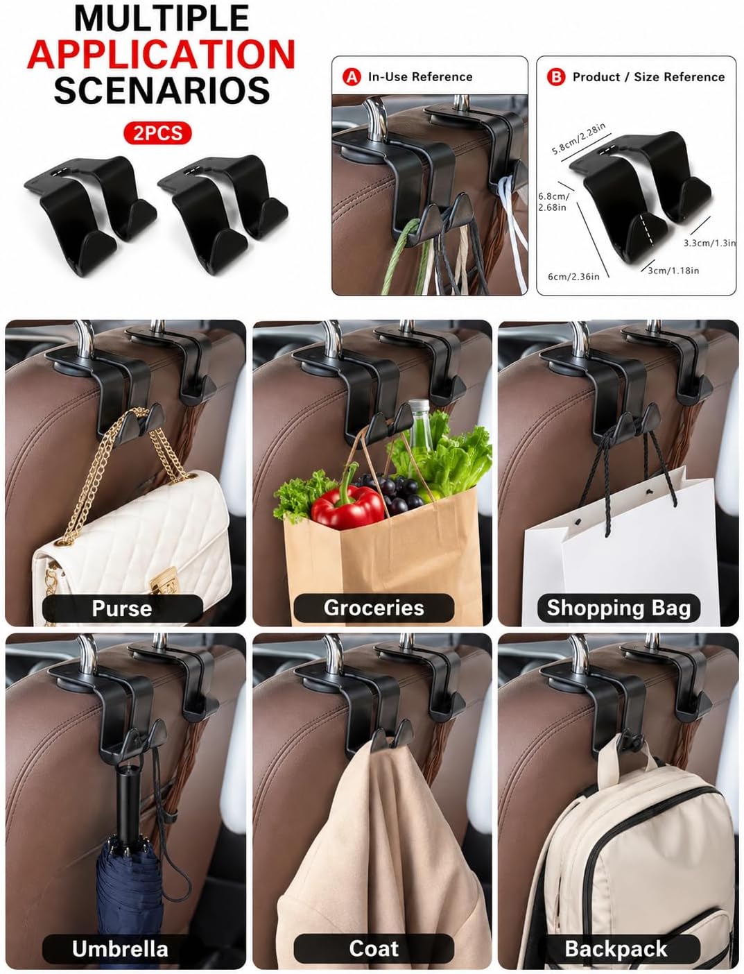 2PCS Car Seat Hooks for Purse, Handbag, Coat and Grocery Bag, Car Interior Accessories, Universal Car Rear Seat Hooks
