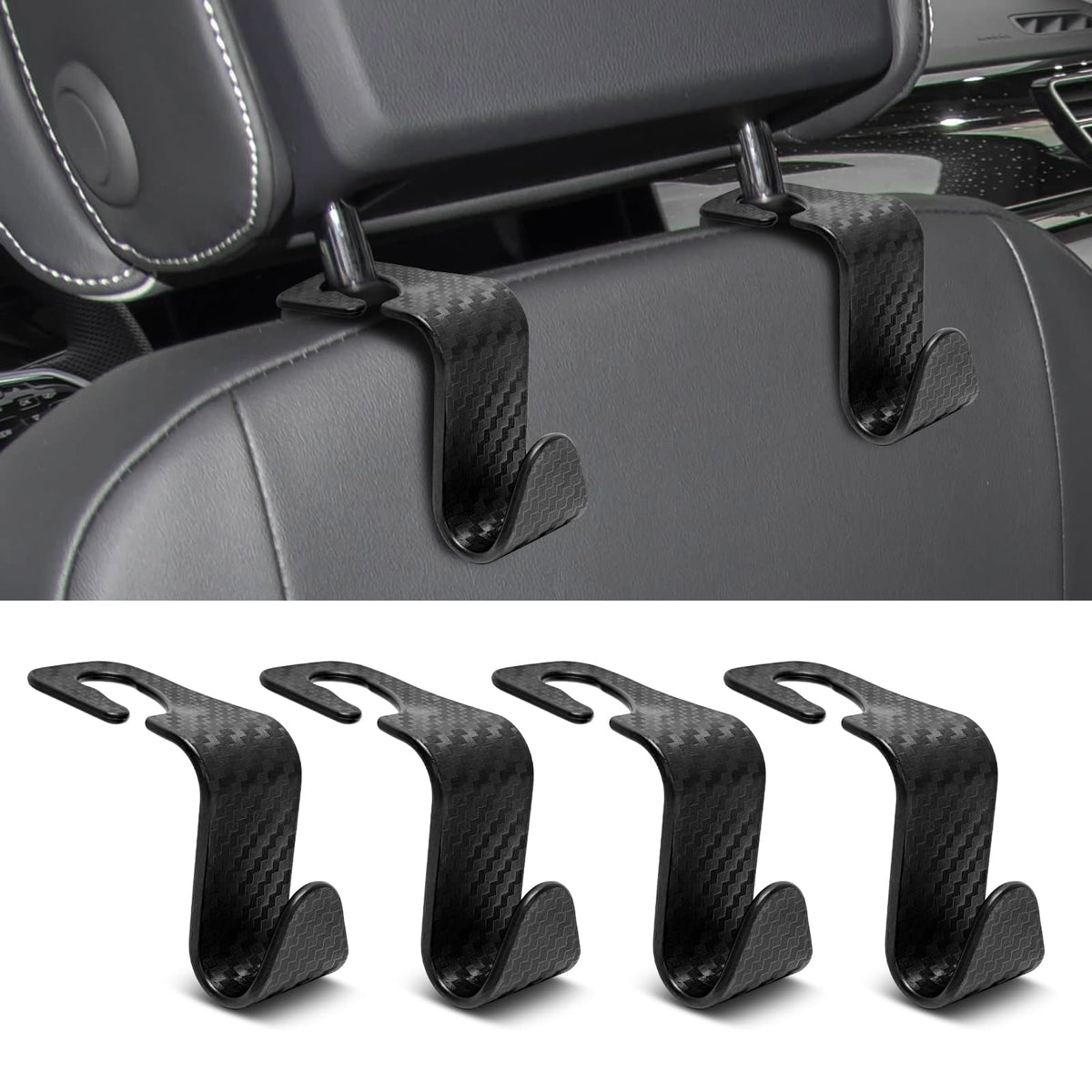 USSDE Car Seat Hooks Vehicle Headrest Back Storage Organizer 4 Pack for Purses Bags backpacks Groceries Hanger Holder - Universal Sturdy Holds 55lbs 360° Rotating (Style A/Carbon Fiber)