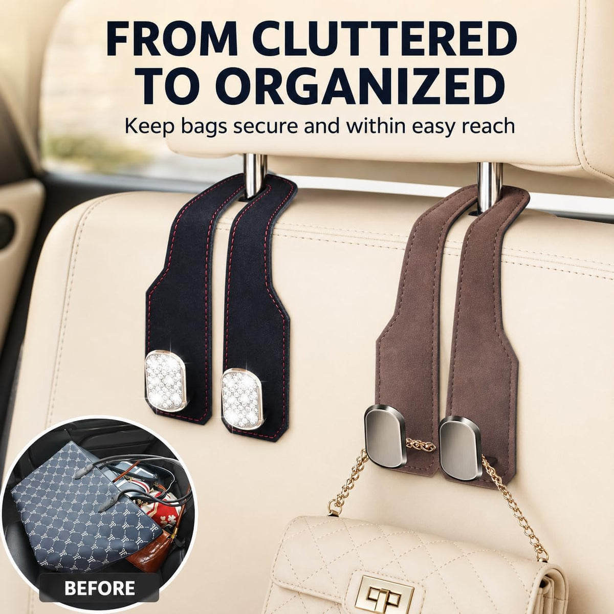 2 Pack Car Headrest Hooks, Dual Metal Hooks, Stylish Brown