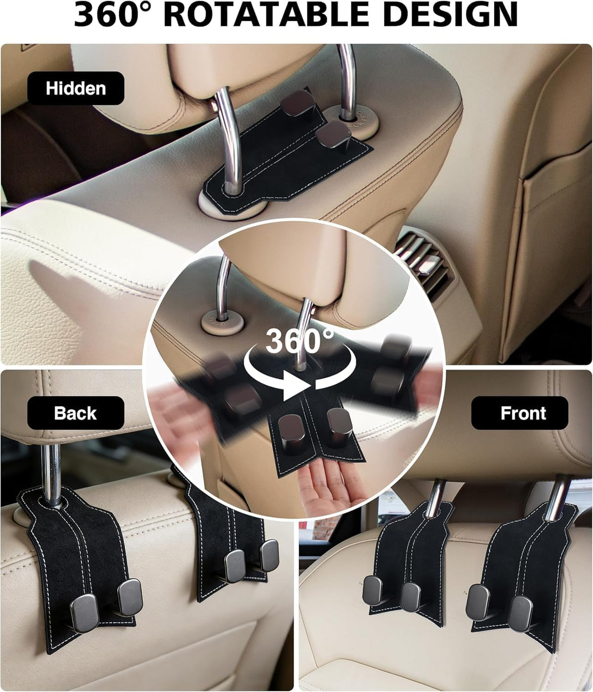 Car Purse Hook, Metal Car Seat Headrest Hooks, 2 Pack, Black