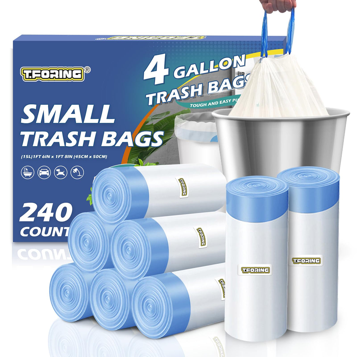 Small 2 Gallon Trash Bags Drawstring,0.96 Mil,Unscented,120 Count