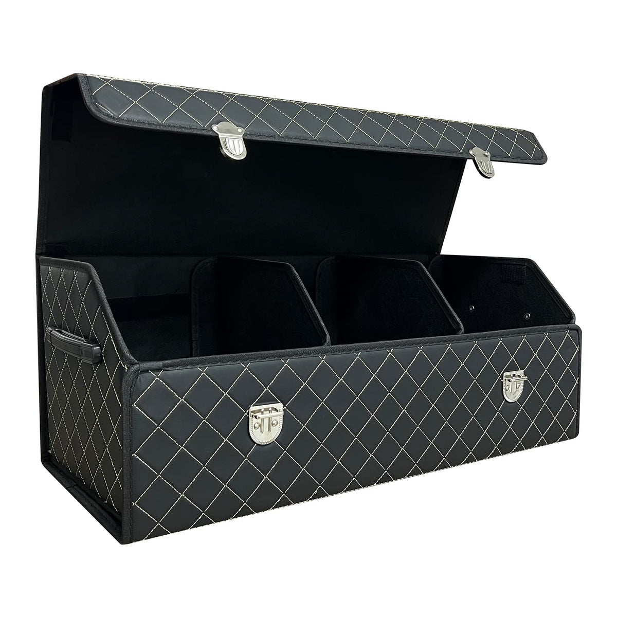 Car Trunk Organizer with Lid,Foldable Faux Leather Cargo Storage Box,3 Compartments,Collapsible Multi-Functional for SUV,Sedan,Vehicle Trunk