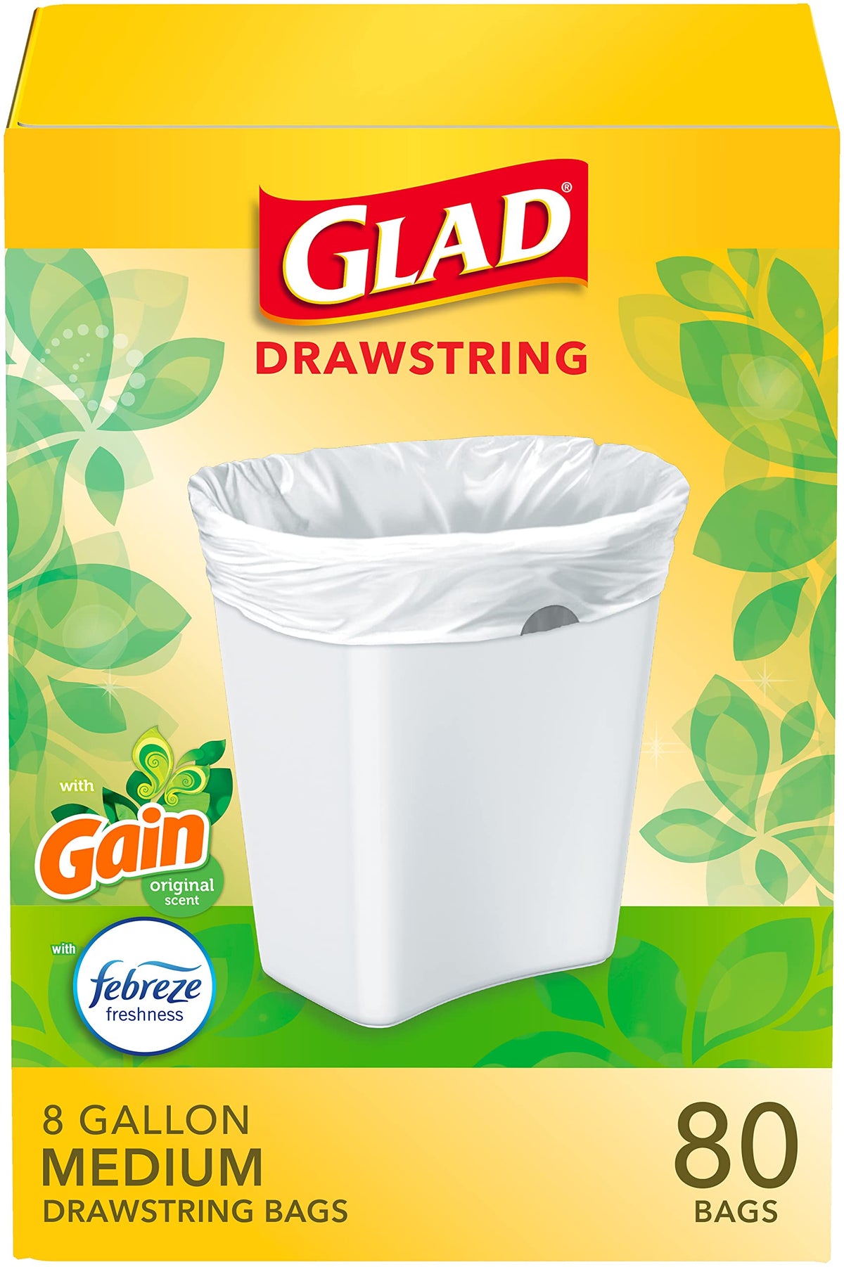 Glad Medium Drawstring Trash Bags, Rip and Tear Resistant, Fresh Clean Scented Garbage Bags, Odor Control, Febreze Freshness, 8 Gallon Trash Bags, 80 Count