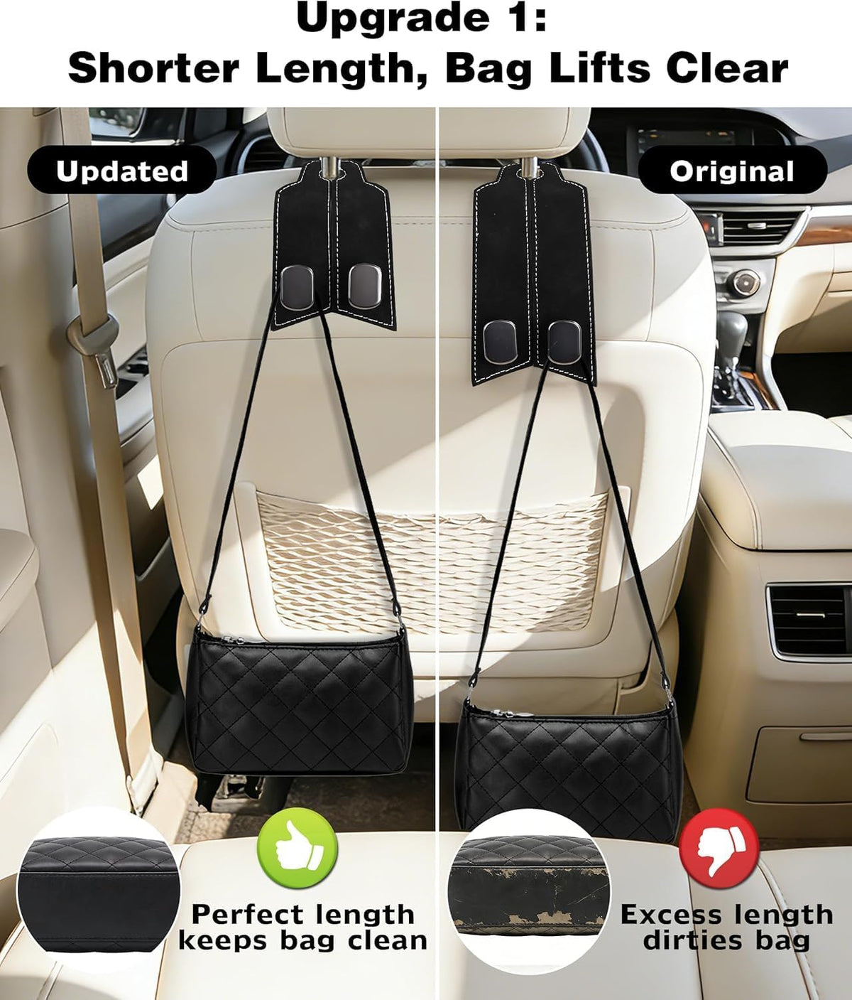 Purse Hook for Car, Car Hooks for Seat Headrest Metal & Premium Leather 2026 Latest, Auto Headrest Hanger Organizer Accessories for Purses and Bags, 2 Pack Black