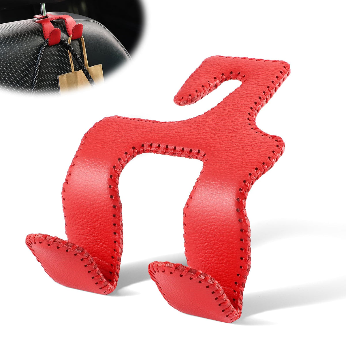 LivTee Black Superior Leather Car Seat Back Headrest Hook, Auto Seat Hook Hangers Interior Accessories for Purse Coats Umbrellas Grocery Bags Handbag, 2-Pack