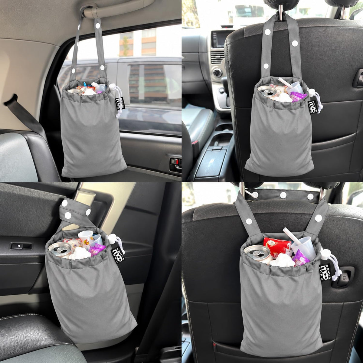 Waterproof Car Trash Bag Reusable Portable Garbage Can with Drawstring Top Adjustable Hanging Strap Leakproof & Washable for Cars SUVs & Trucks (Grey)