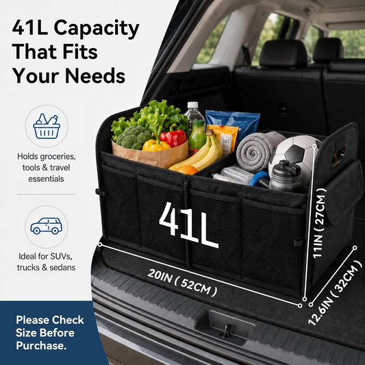 PAT SAM'S Car Trunk Organizer for SUV, Collapsible Storage Box with Front & Side Pockets, Non-Slip Waterproof 600D Oxford, Grocery & Travel Storage for Truck, Sedan, Black