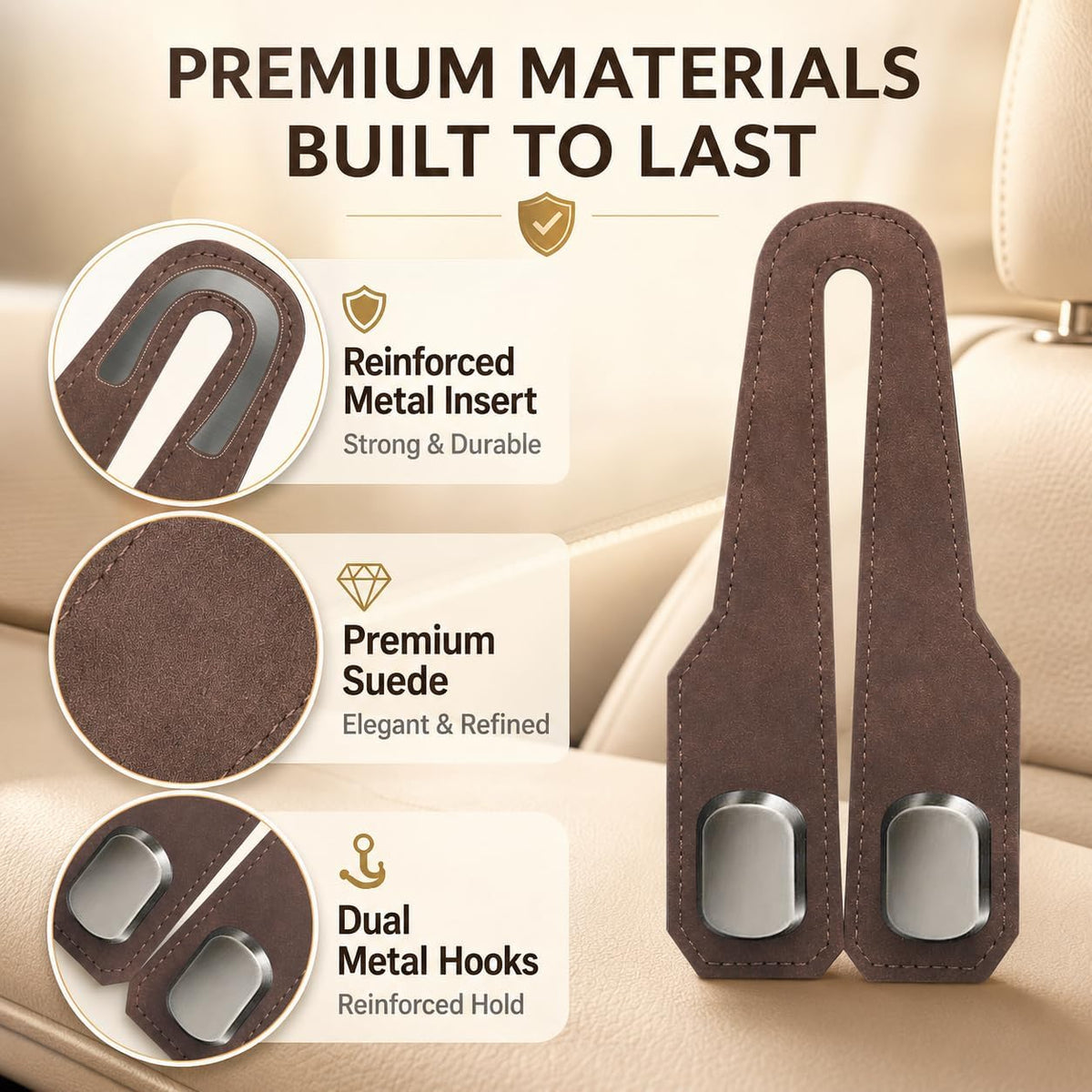 2 Pack Car Headrest Hooks, Dual Metal Hooks, Stylish Brown