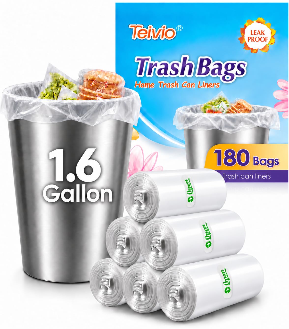Teivio Small Clear Trash Bags 3 Gallon 150 Count Bathroom Garbage Bags