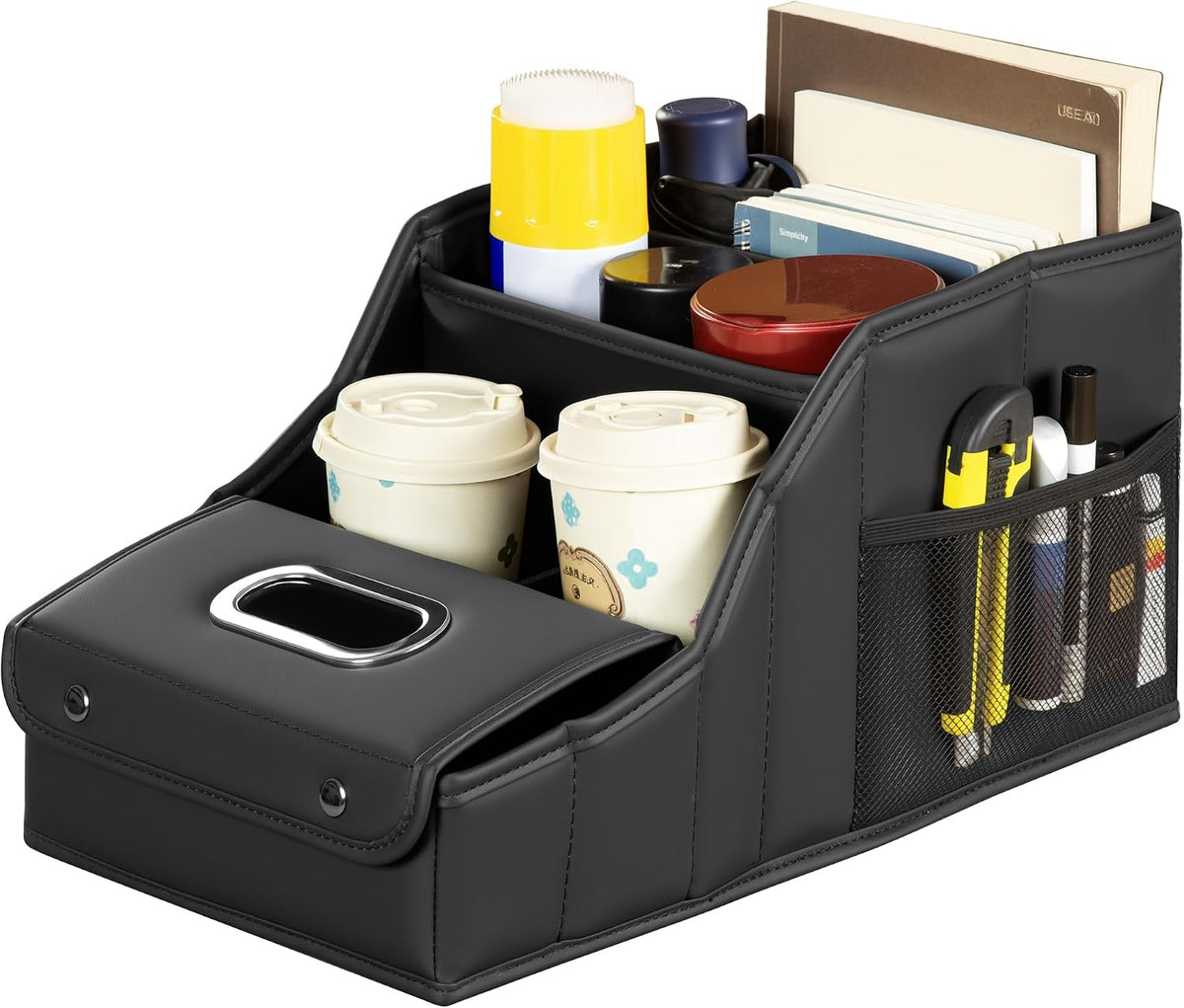 PU Leather Car Seat Organizer Storage Box with Handle & Cup Holders