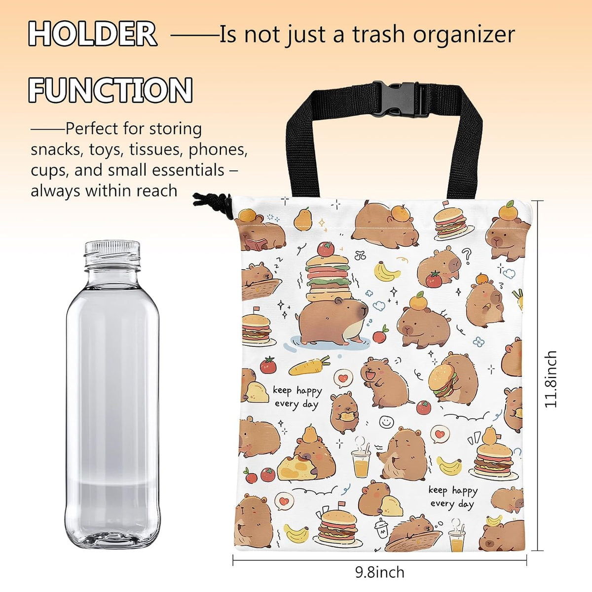 Car Trash Can, Cute Capybara Car Trash Bin, Gift for Capybara Lover, Hanging Back of Seat with Adjustable Snap Buckle Garbage Bag for Car