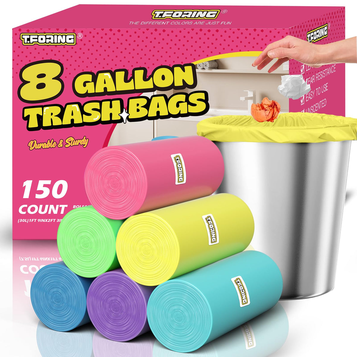 Small 3 Gallon Trash Bags Unscented, 0.78 Mil, Colored, 150 Count