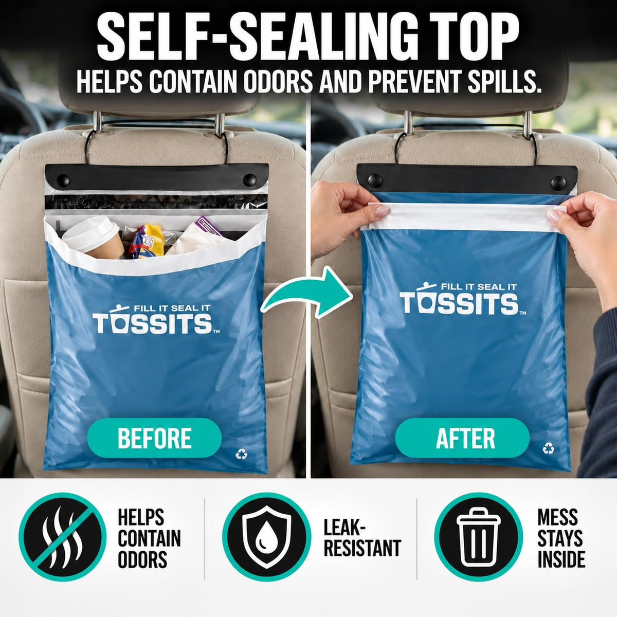 Tossits Hanging Car Trash & Garbage Bags, Disposable, Blue 7 Count