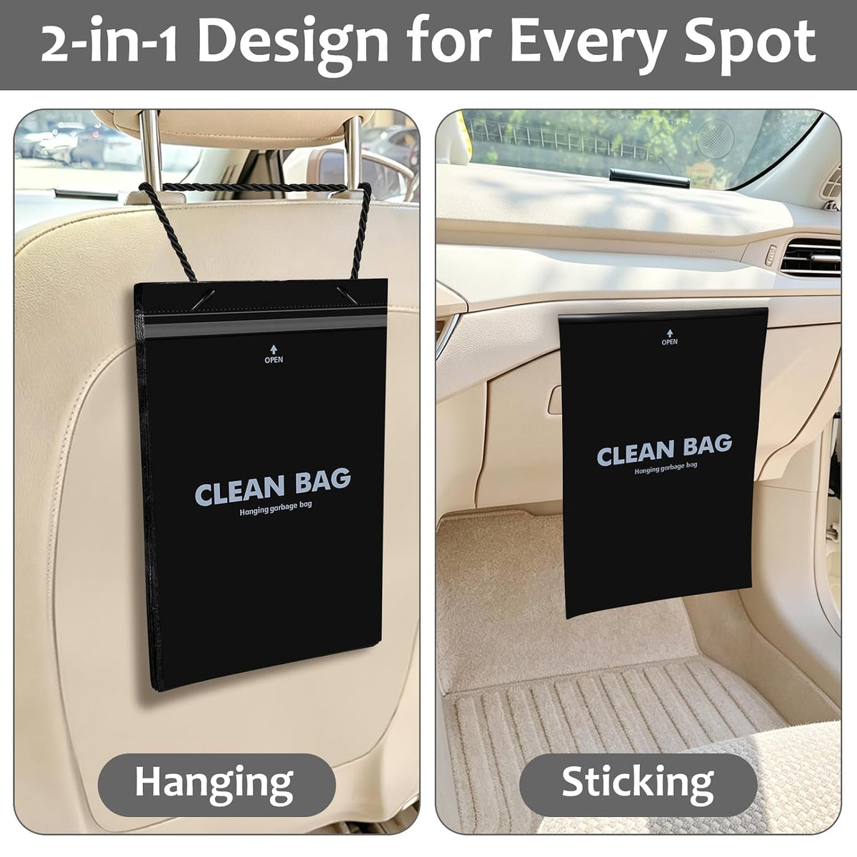 Accmor Hanging Car Trash Bags, 50 Count Disposable Garbage Bags, Easy Stick-On Headrest Waist Bin for Sedan, SUV, Truck, RV, Easy Tear Roll, Leak-Proof, Black