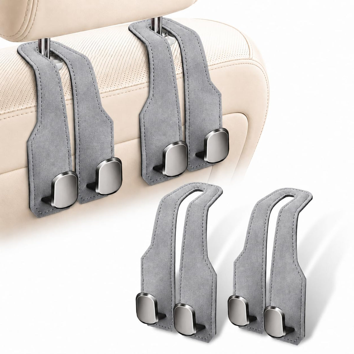 2 Pack Car Headrest Hooks, Dual Metal Hooks, Stylish Brown