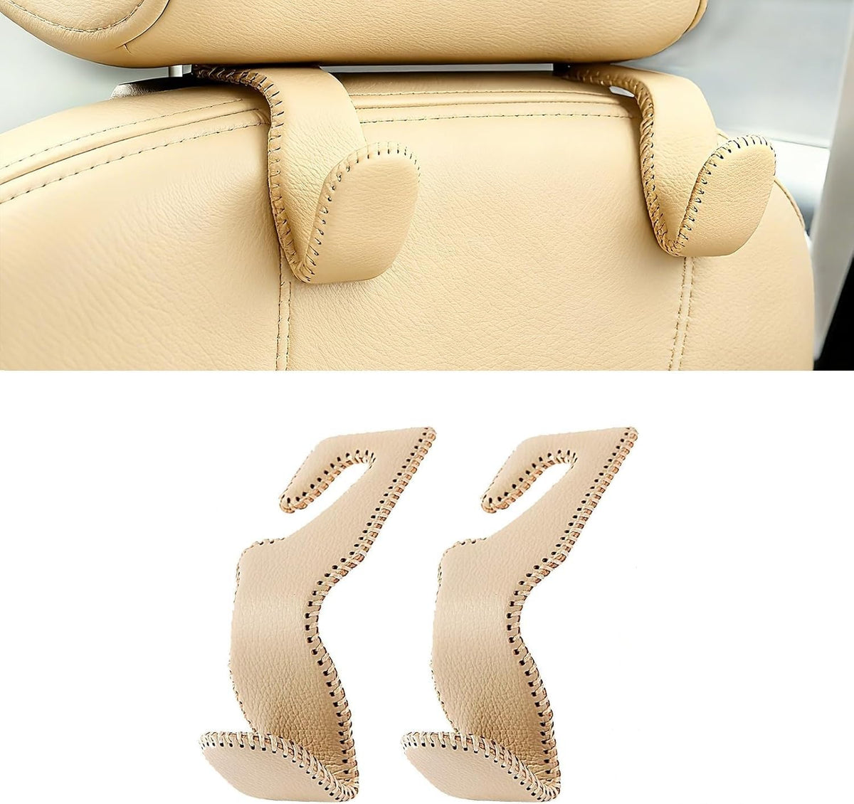 AMVOYOA Headrest Hooks for Car, Back Seat Organizer Black Leather Hanger Holder Hook, for Hanging Purses and Bags and Coats, Pack of 2