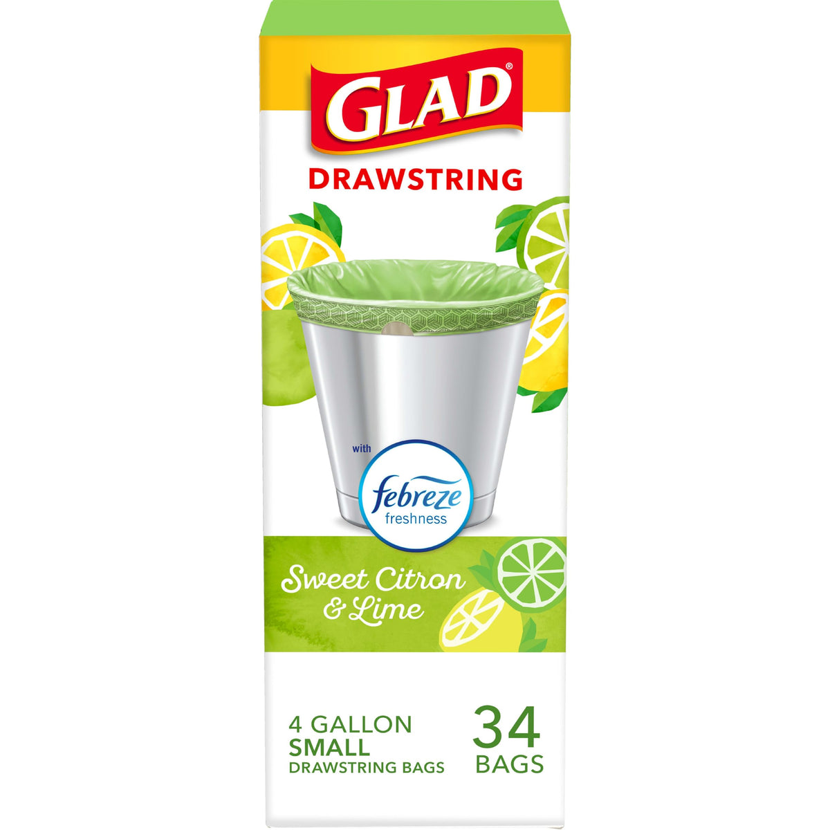 Glad Small Drawstring Trash Bags with Clorox, 4 Gal, Lemon Fresh Bleach, 34 Ct (Package May Vary)