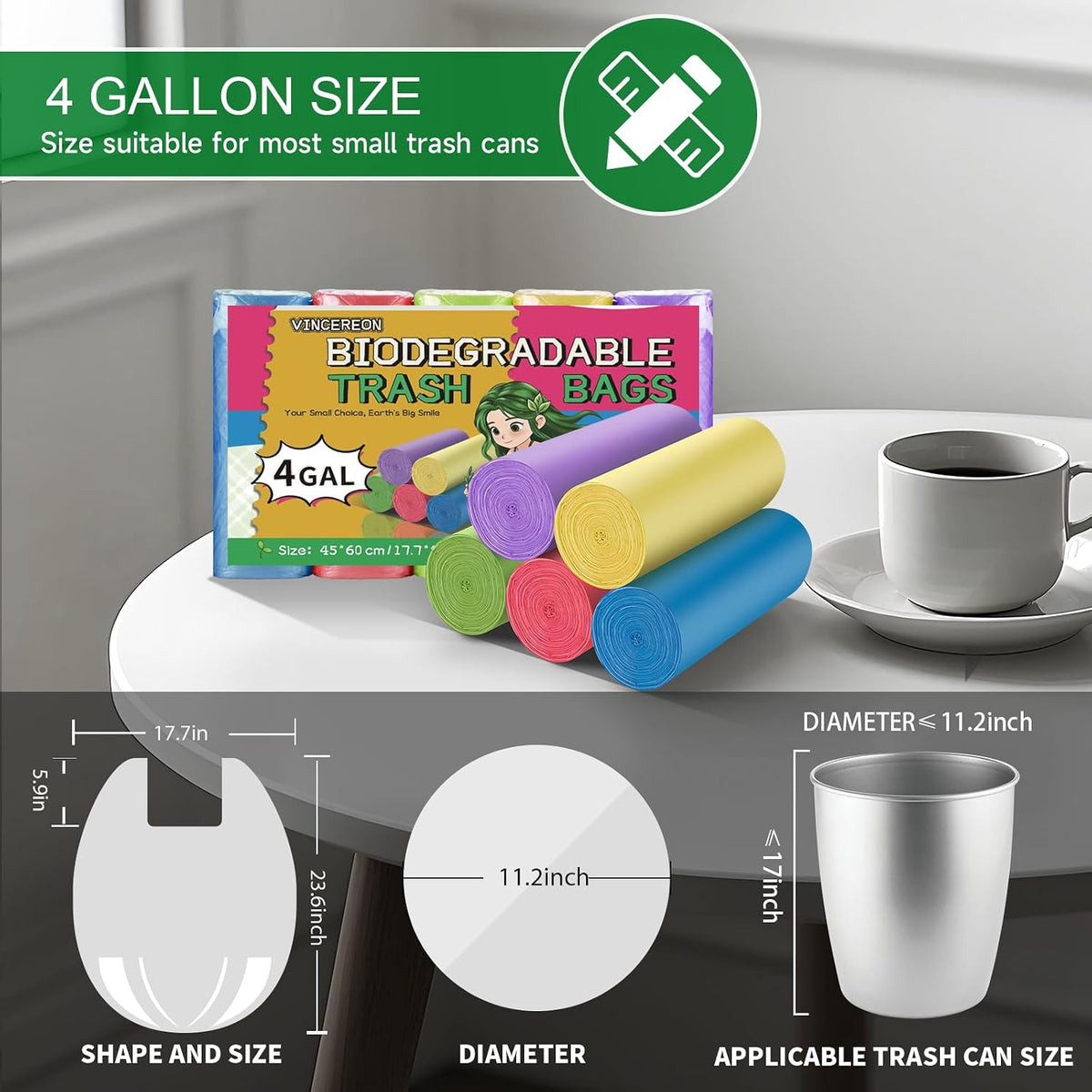 4 Gallon Small Bathroom Trash Bags Biodegradable With Handles