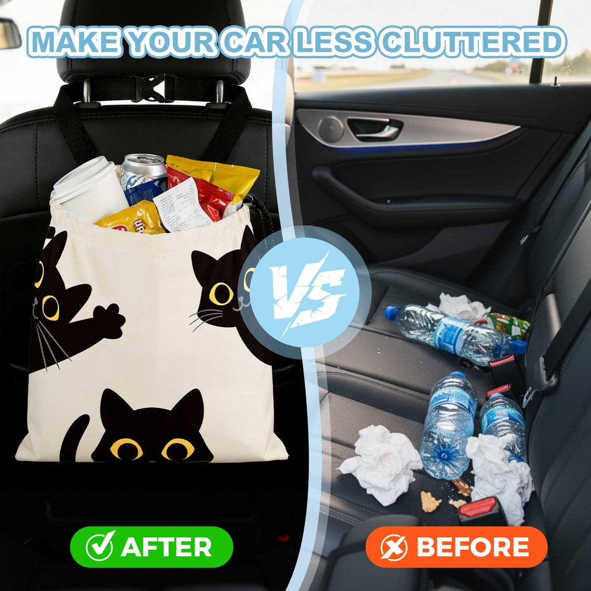 Three Black Cats Car Trash Bag - Waterproof Car Trash Bag Hanging Leakproof Car Garbage Bag - Washable Reusable Trash Bag For Car Interior Hanging Organizer Storage Vehicle Travelling Camping