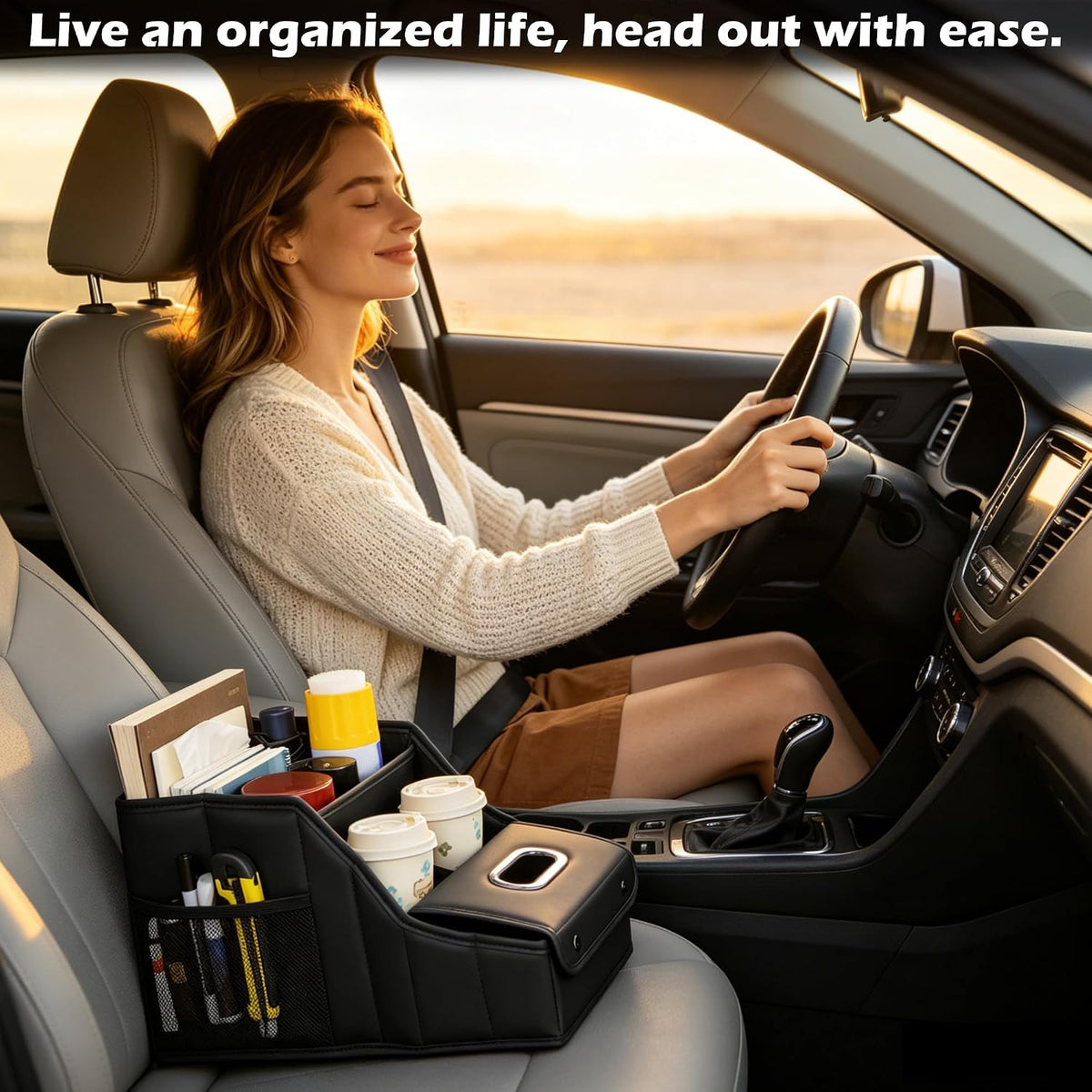 PU Leather Car Seat Organizer Storage Box with Handle & Cup Holders