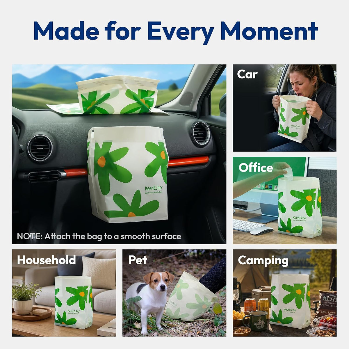 Disposable Car Garbage Bin Bags 60 PCS, Leak-Proof Cleaning and Vomit Bags, Recycled HDPE, Easy Stick-On and Stand Design, Disposable Small Garbage Bags