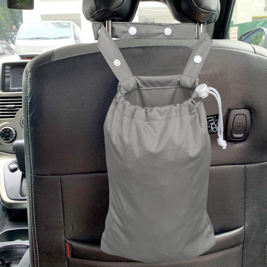 Waterproof Car Trash Bag Reusable Portable Garbage Can with Drawstring Top Adjustable Hanging Strap Leakproof & Washable for Cars SUVs & Trucks (Grey)