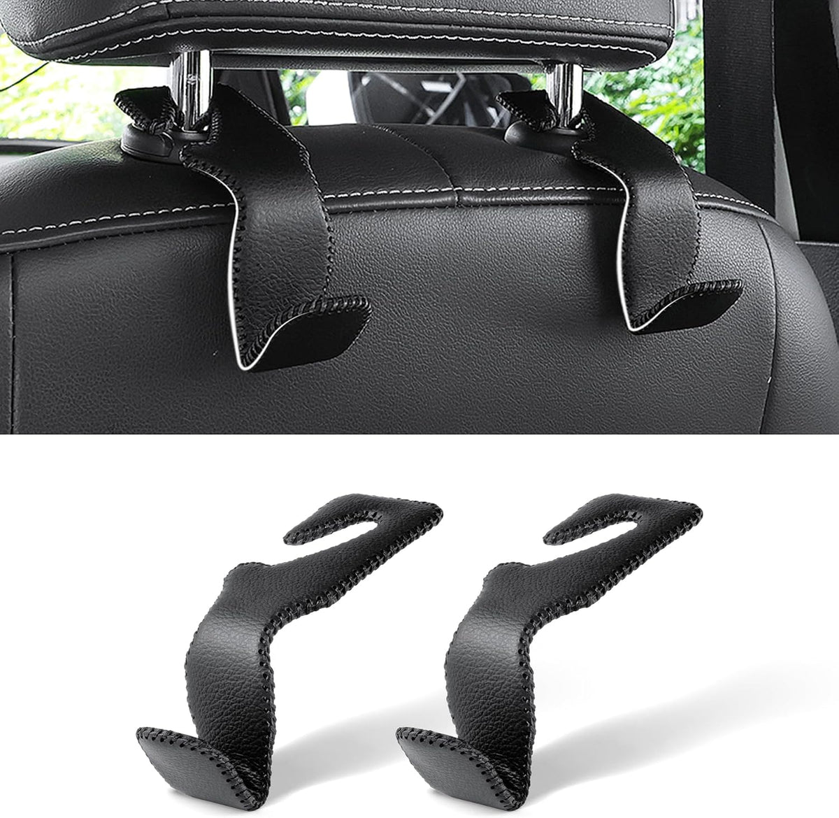 LivTee Black Superior Leather Car Seat Back Headrest Hook, Auto Seat Hook Hangers Interior Accessories for Purse Coats Umbrellas Grocery Bags Handbag, 2-Pack