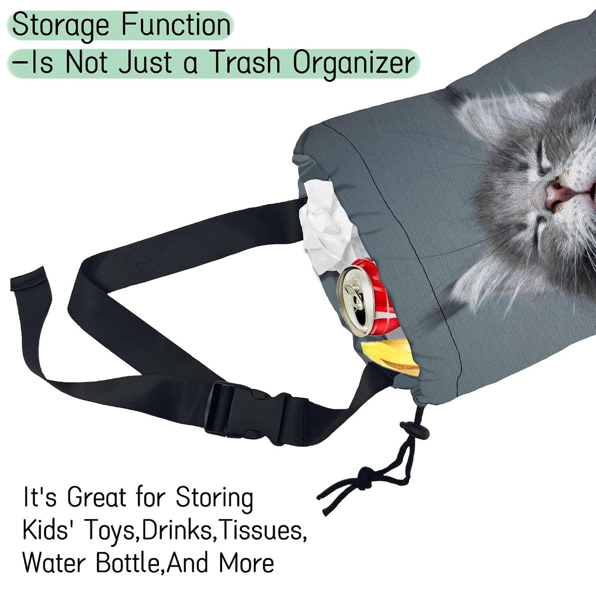 Adorable Cat Car Garbage Bag,Kitten Yawning Waterproof Small Car Trash Bag Hanging Back of Seat,Drawstring Hanging Car Trash Bag with Adjustable Buckle for Car Accessories
