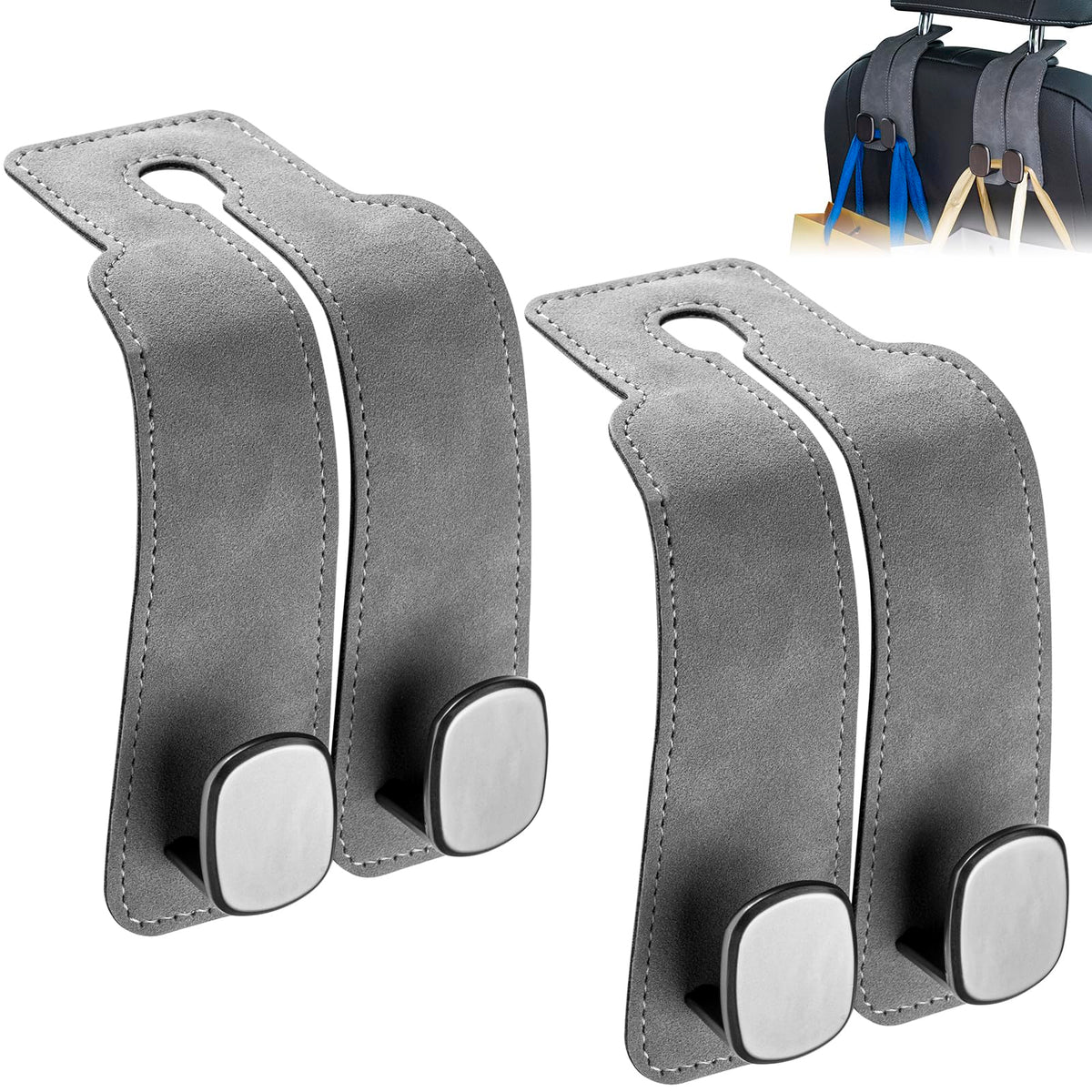SLLAK Car Hooks for Headrest, 2 in 1 Car Seat Back Storage Hook, Premium Leather Car Headrest Hook