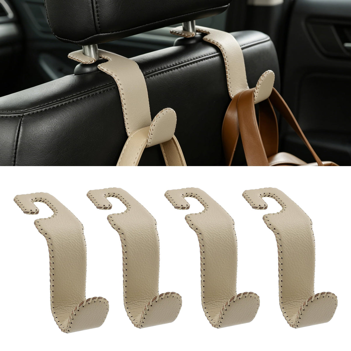 Car Seat Headrest Hook Heavy Duty 55lb Metal Hanger with Leather for Bags