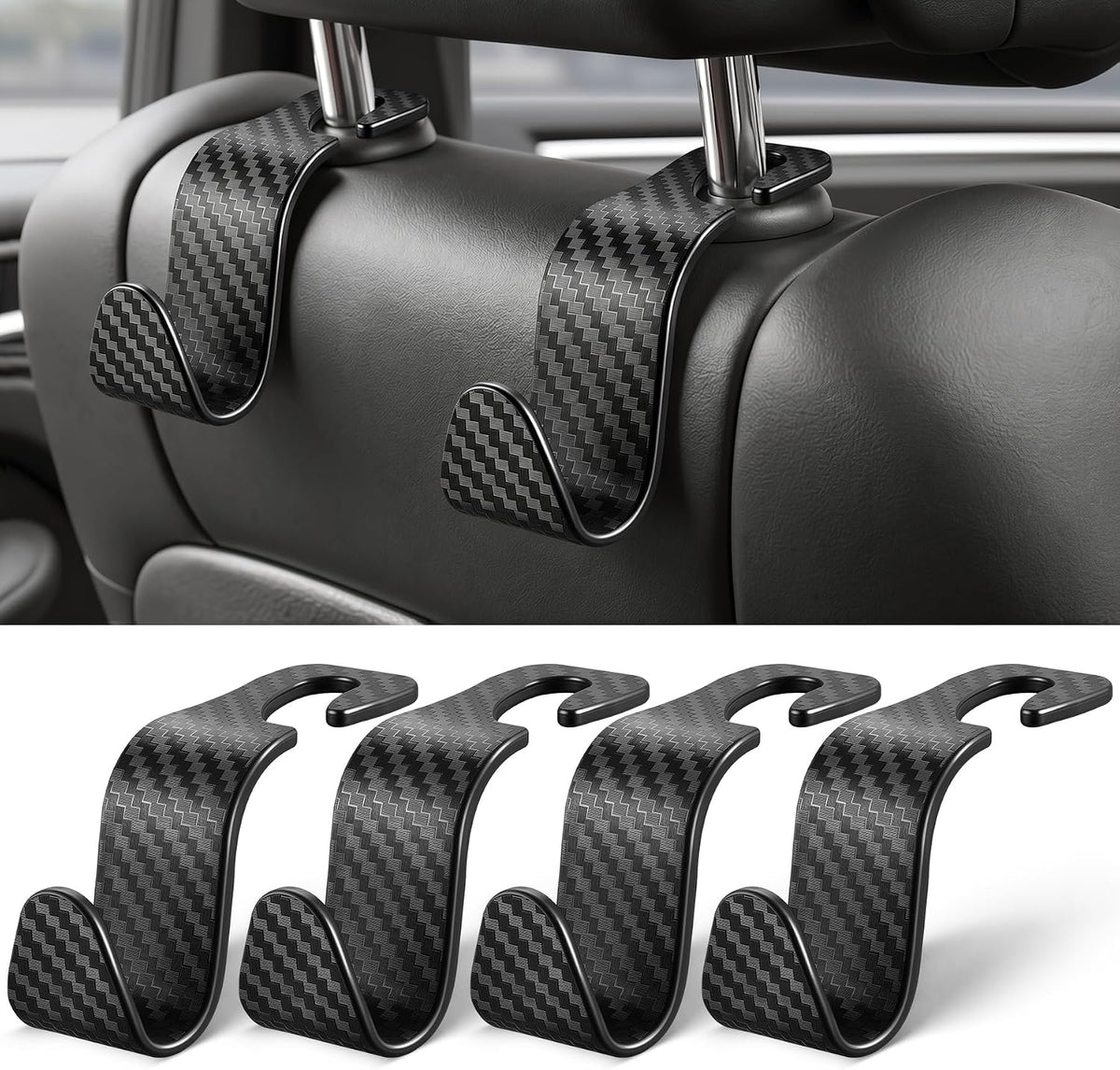 SINGARO Universal 4 Pack Car Seat Headrest Purse Hook, Carbon Fiber Back Seat Hook Storage Organizer Hanger for Purse Handbag Coat, Car Interior Accessories(Black)