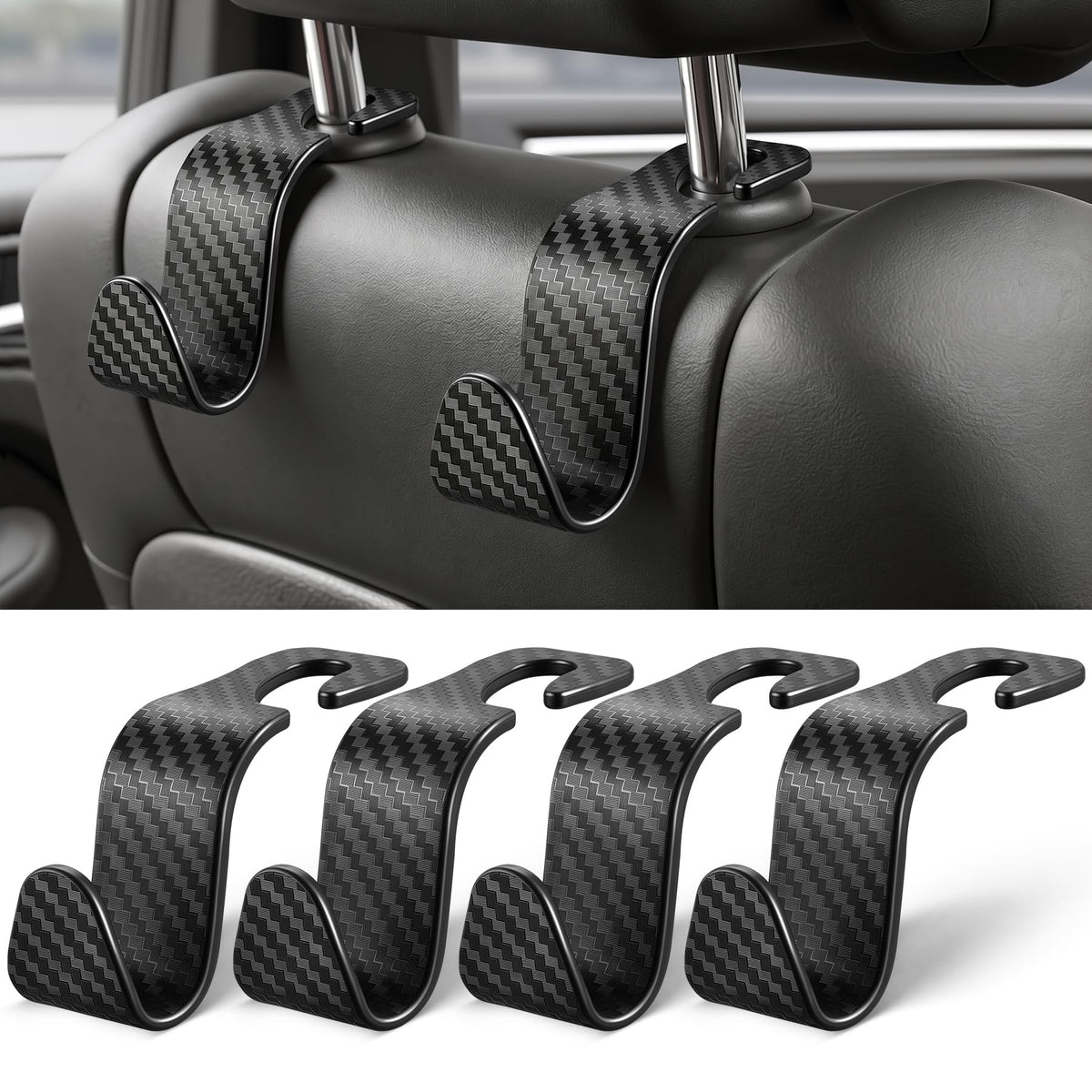 SINGARO Universal 4 Pack Car Seat Headrest Purse Hook, Carbon Fiber Back Seat Hook Storage Organizer Hanger for Purse Handbag Coat, Car Interior Accessories(Black)