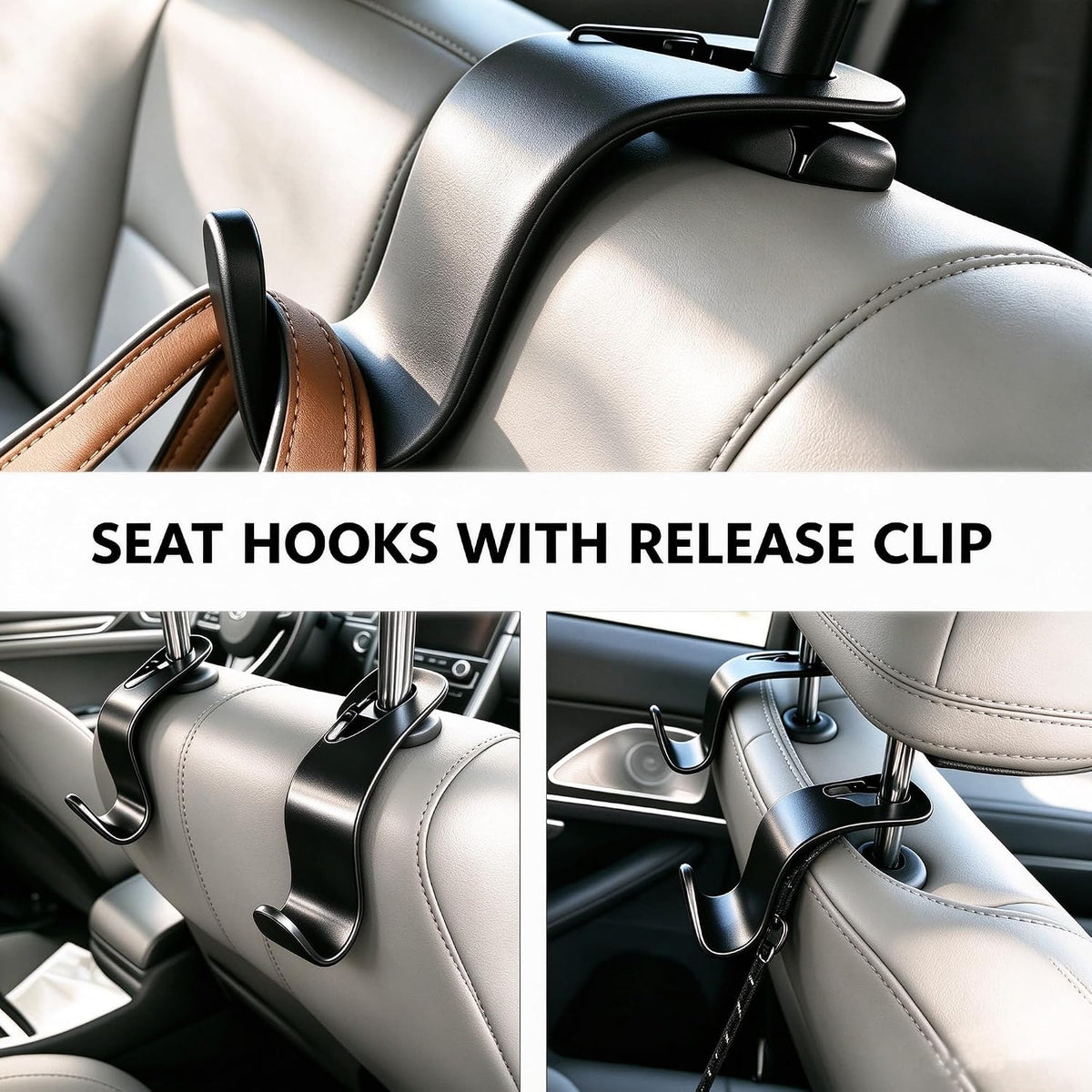 Car Seat Headrest Hooks 4 Pack, Purse Hook for Cars with Non-Slip Lock