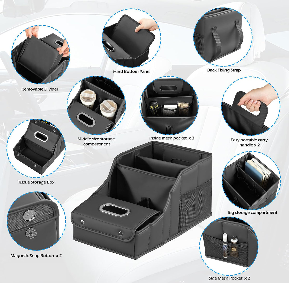 PU Leather Car Seat Organizer Storage Box with Handle & Cup Holders