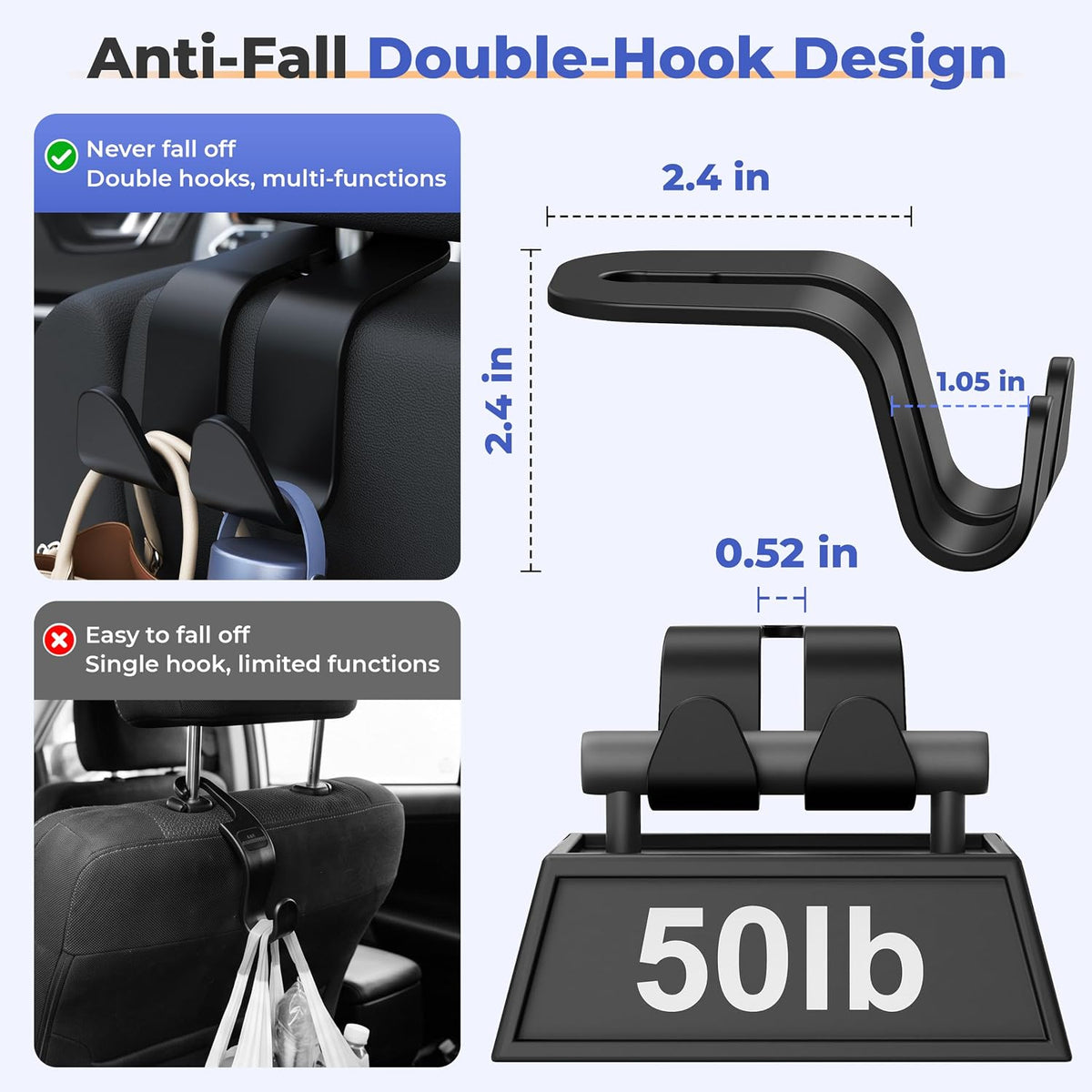 Amooca Car Headrest Hooks Heavy Duty Purse Hanger for Handbags 2 Pack