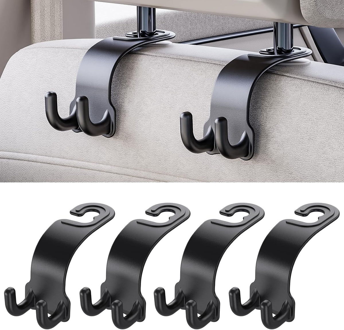 4 Pack Car Headrest Hooks, Dual Hook Seat Back Hangers with 360° Rotation, 55 lb Capacity, Car Organizer for Purses, Grocery Bags, Backpacks and Umbrellas, Black