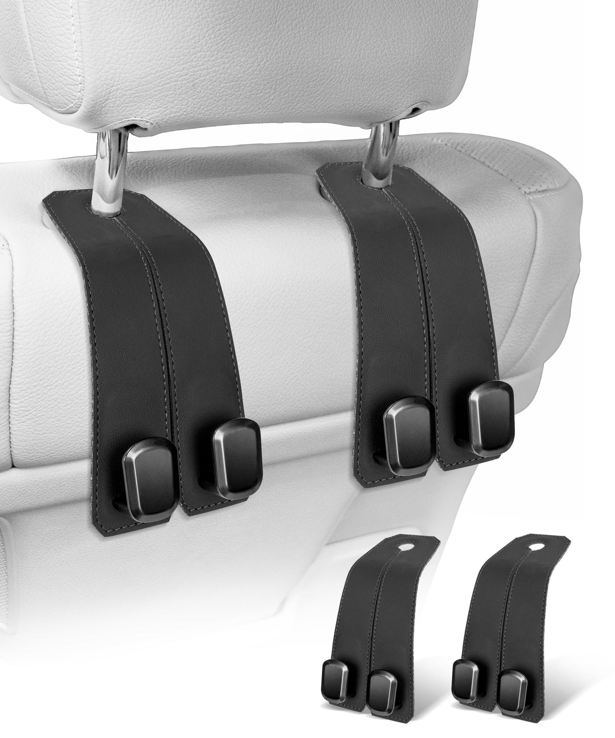 Car Purse Holder Hook, 2PCS Car Hooks for Headrest Luxurious Leather 100% Metal Car Hangers for Seat Multifunctional Car Bag Hook Car Seat Back Storage Hook Accessories (Grey)
