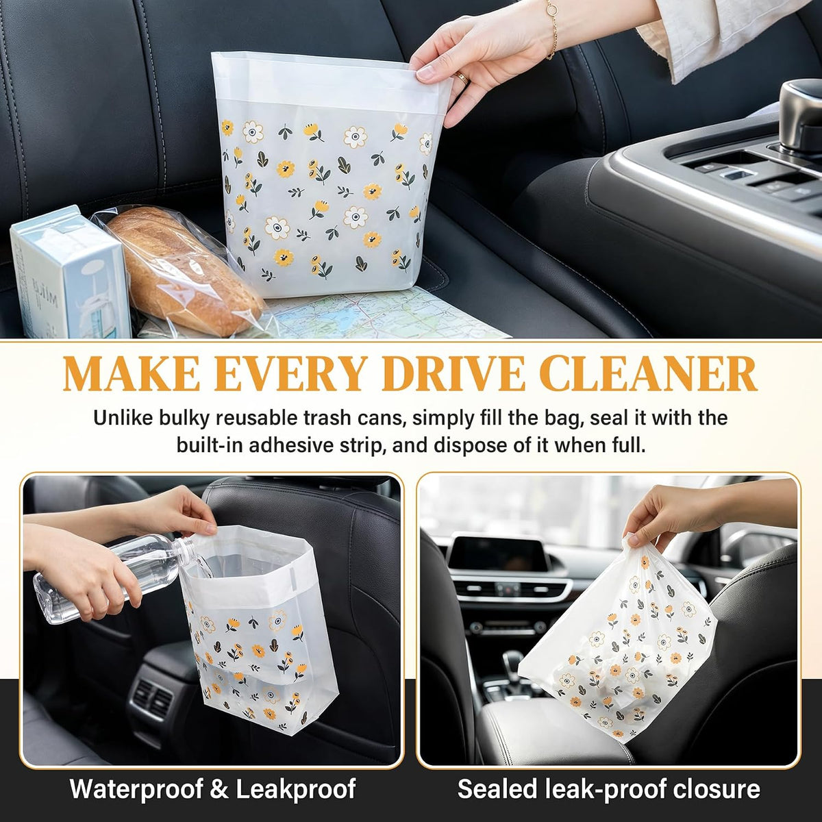 30 Pack Disposable Car Trash Bags Self-Adhesive Leak Resistant