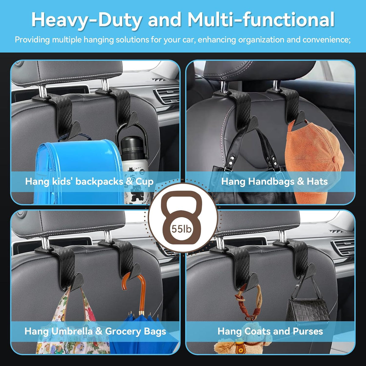 USSDE Car Seat Hooks Vehicle Headrest Back Storage Organizer 4 Pack for Purses Bags backpacks Groceries Hanger Holder - Universal Sturdy Holds 55lbs 360° Rotating (Style A/Carbon Fiber)