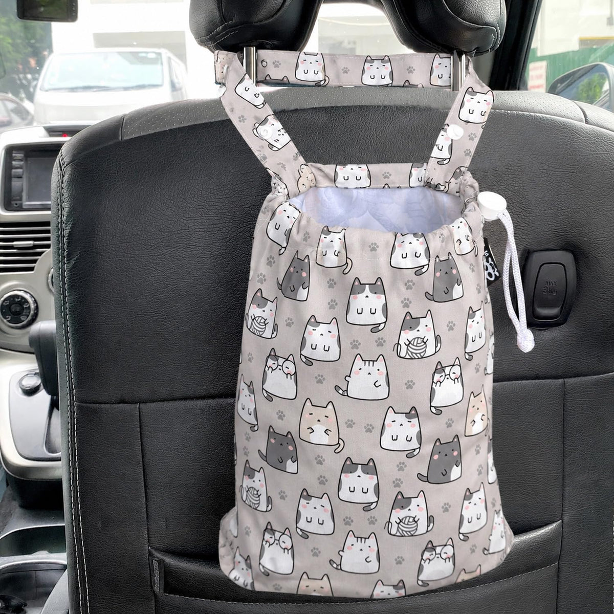 Waterproof Car Trash Bag Reusable Portable Garbage Can with Drawstring Top Adjustable Hanging Strap Leakproof & Washable for Cars SUVs & Trucks (Grey)