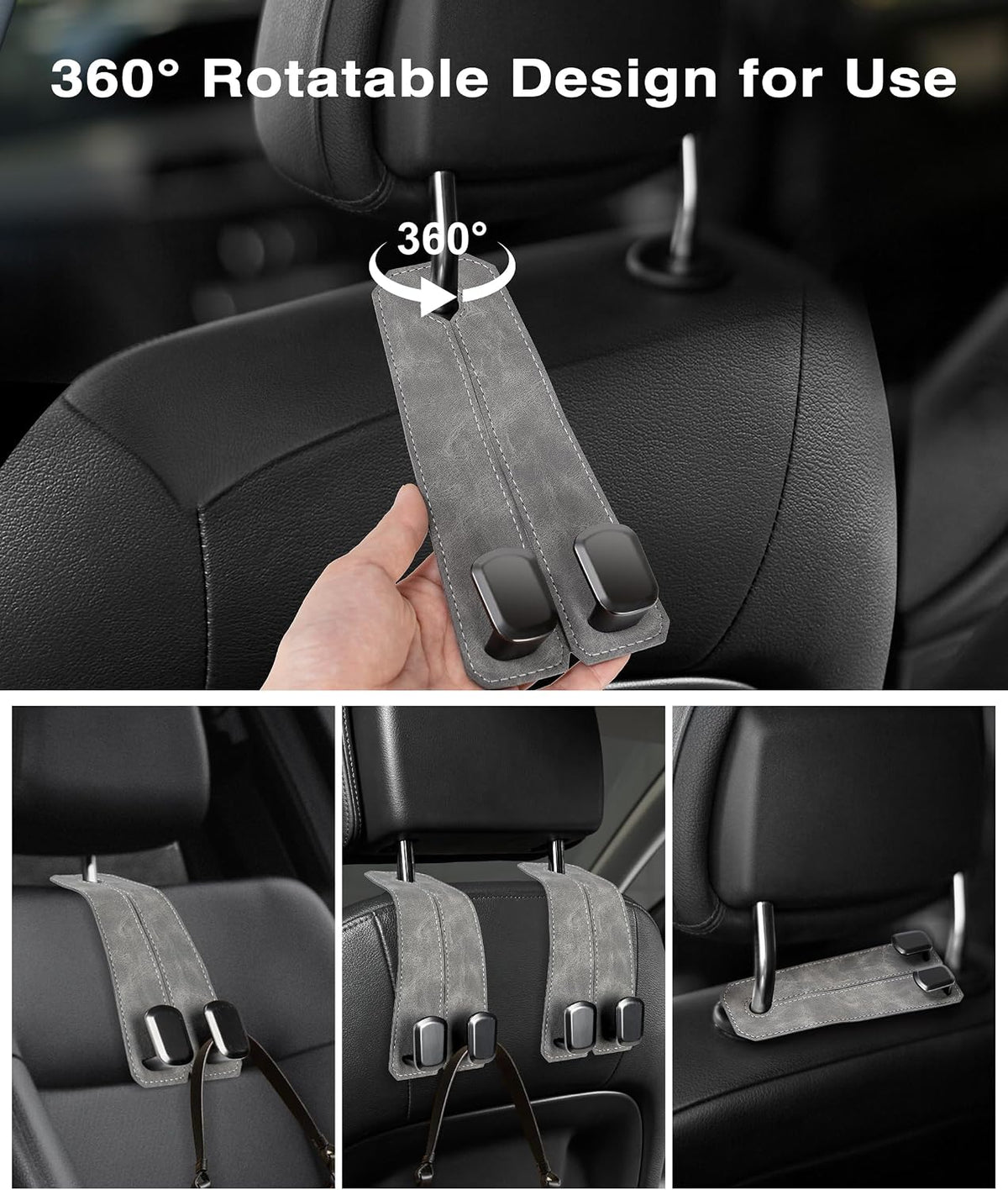 Car Purse Holder Hook, 2PCS Car Hooks for Headrest Luxurious Leather 100% Metal Car Hangers for Seat Multifunctional Car Bag Hook Car Seat Back Storage Hook Accessories (Grey)