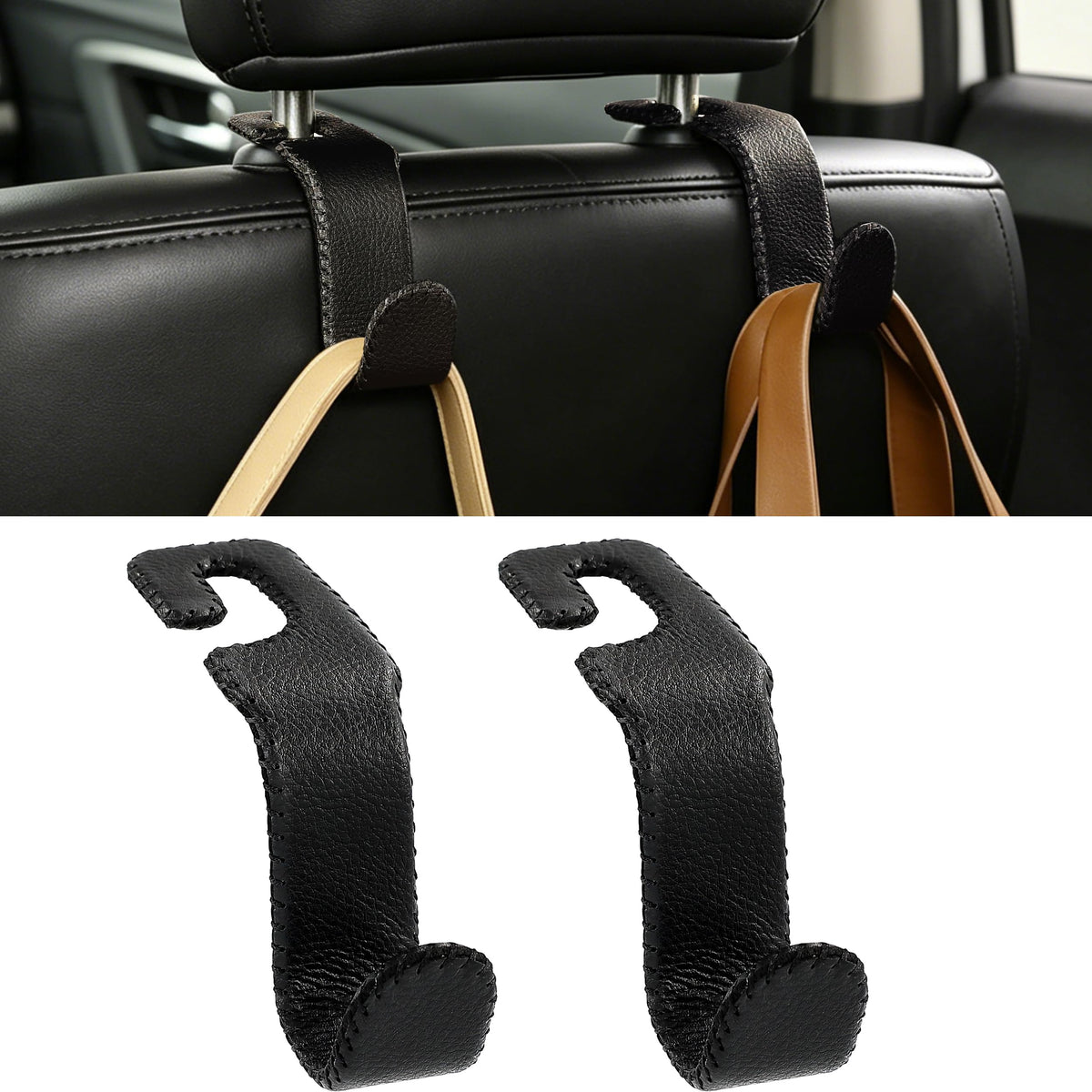Car Seat Headrest Hook Heavy Duty 55lb Metal Hanger with Leather for Bags