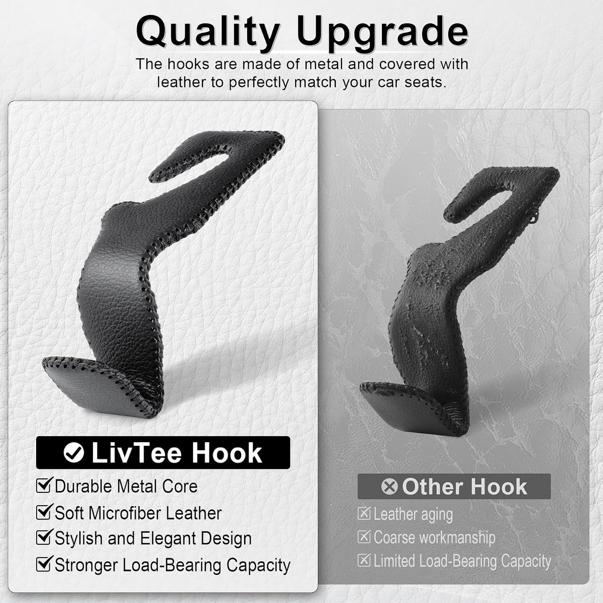LivTee Black Superior Leather Car Seat Back Headrest Hook, Auto Seat Hook Hangers Interior Accessories for Purse Coats Umbrellas Grocery Bags Handbag, 2-Pack