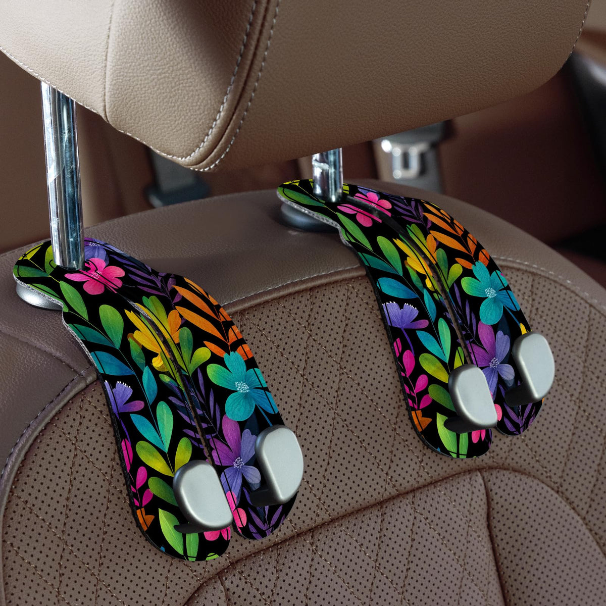 CoBak Purse Hook for Car - Universal Premium Stitched Leather and Aluminum-Magnesium Alloy Double Car Seat Back Storage Hook for Purses, Handbags, Bags (2 Pack),Black