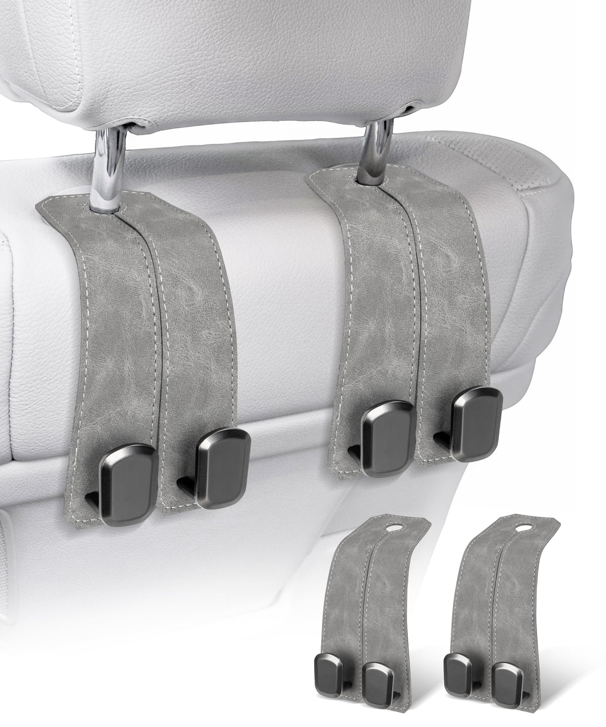 Car Purse Holder Hook, 2PCS Car Hooks for Headrest Luxurious Leather 100% Metal Car Hangers for Seat Multifunctional Car Bag Hook Car Seat Back Storage Hook Accessories (Grey)