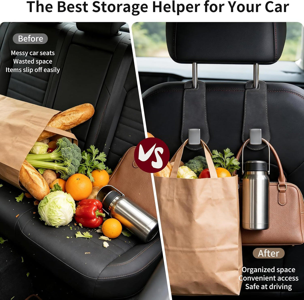 Amooca 2 Pack Car Headrest Hooks, Suede Wrapped Metal Hanger for Bags