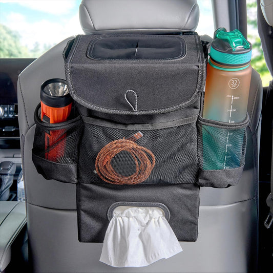 High Road Car Seatback Organizer - Hanging Car Trash Can with Tissue Holder