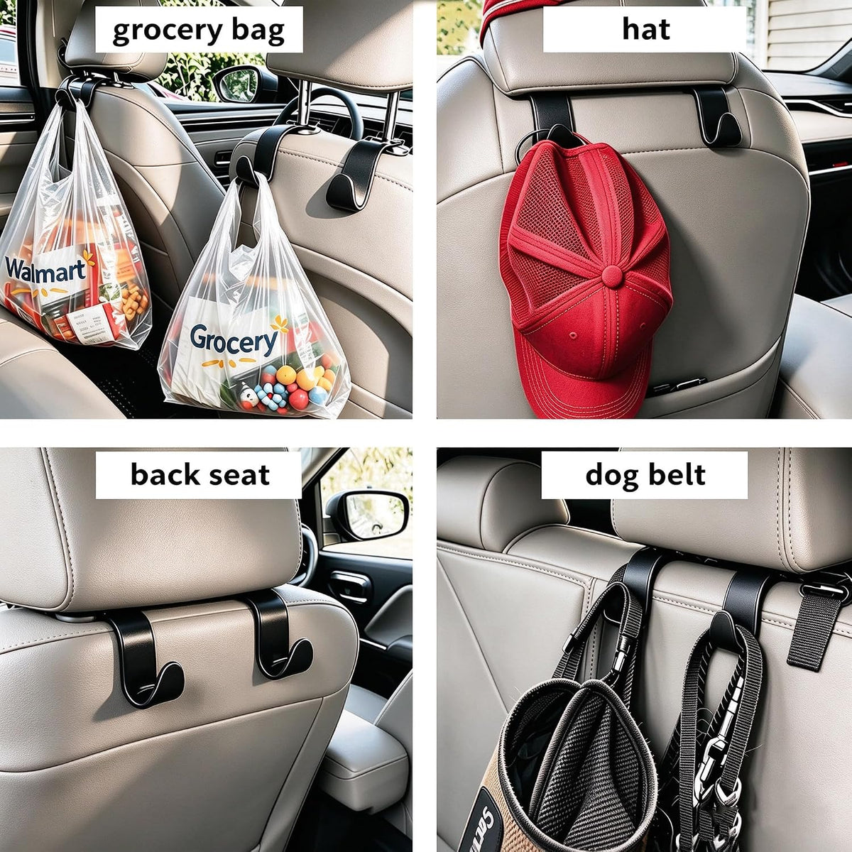 Car Seat Headrest Hooks 4 Pack, Purse Hook for Cars with Non-Slip Lock