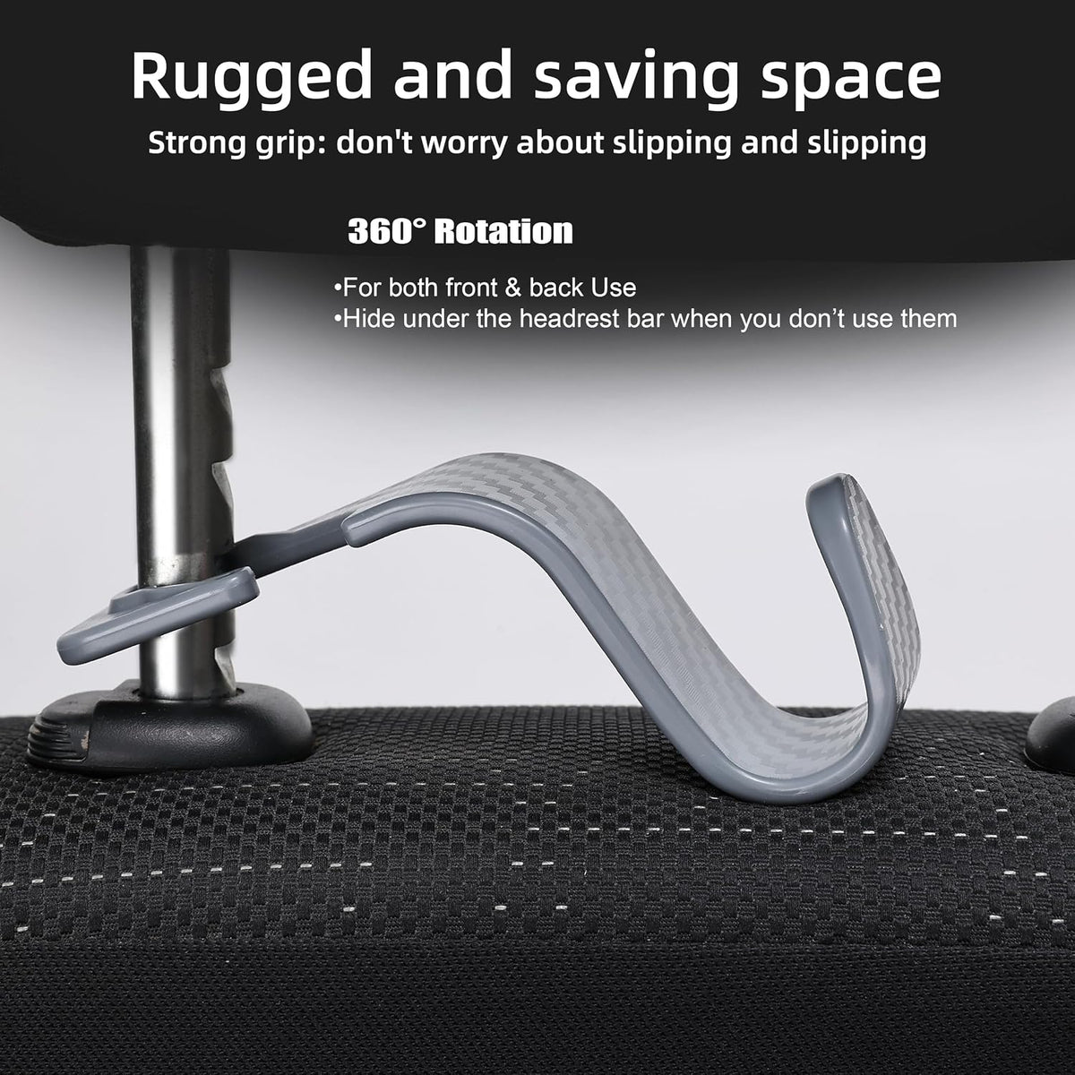 Car Seat Headrest Hooks Vehicle Storage Organizer for Purses Handbags Groceries Coats – Holds 55 lbs 360° Rotating Checkered Pattern Design 4 Pack (Gray Checkered)