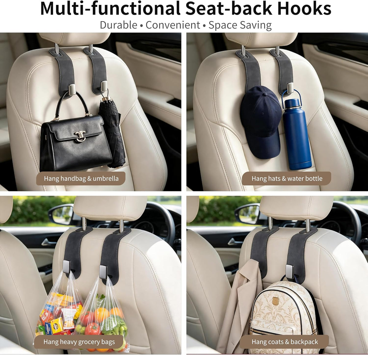 Amooca 2 Pack Car Headrest Hooks, Suede Wrapped Metal Hanger for Bags